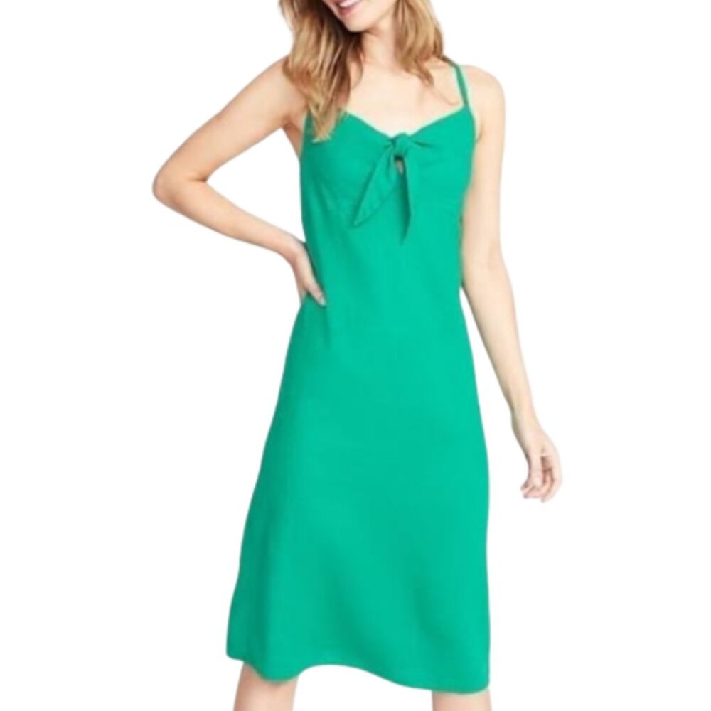 Old Navy Green Midi Linen Slip Dress Tie-Front Keyhole Peephole Chest 412446